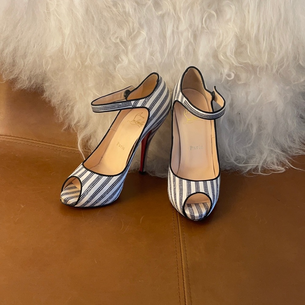 Christian Louboutin Black and White Pinstripe Mary Janes, Size 37 (runs small) - Picture 1 of 15